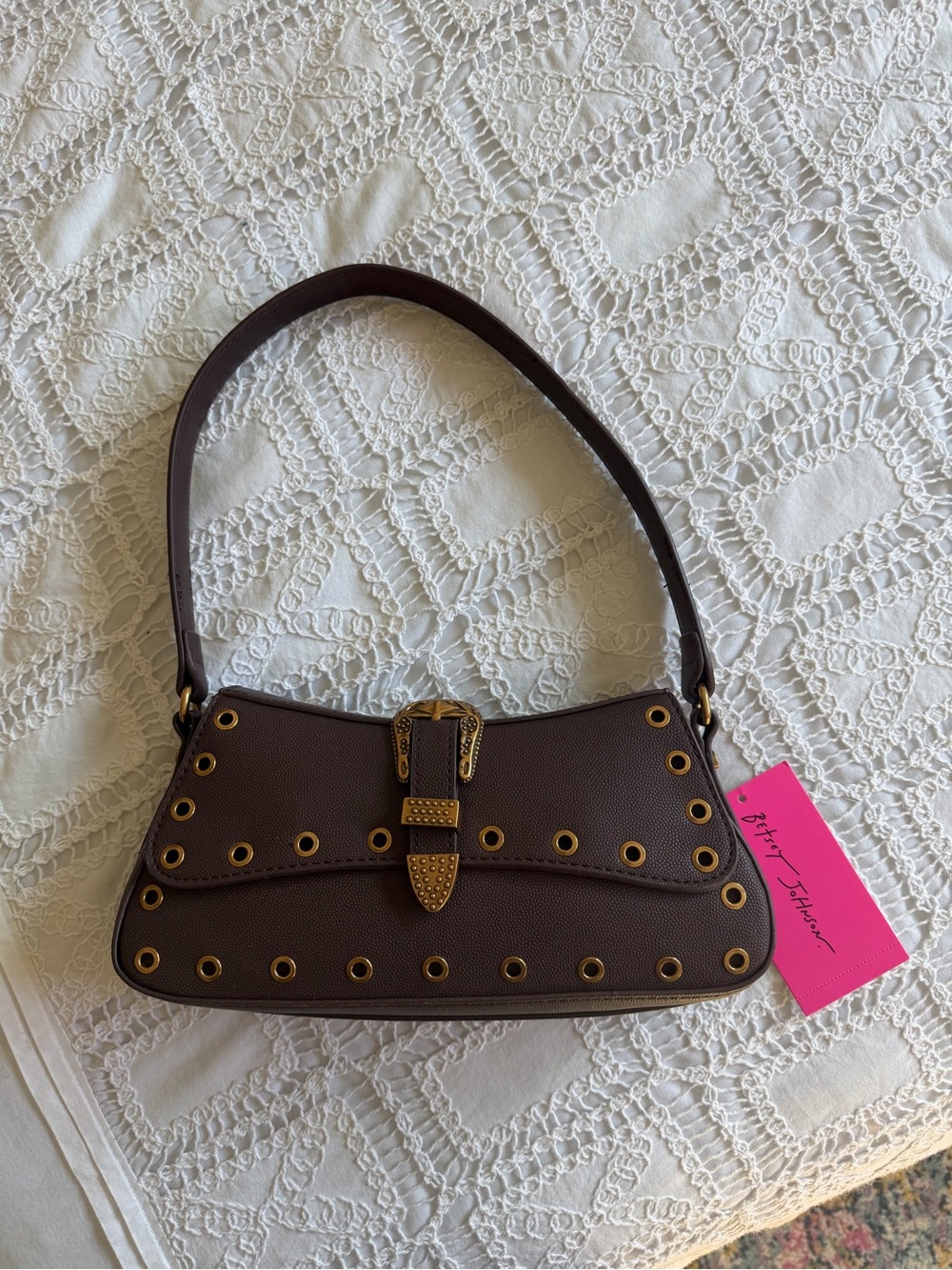 Betsey Johnson Brown Shoulder Bag with Gold Eyelet Hardware